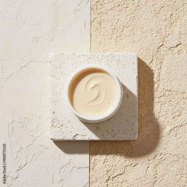 Obraz Cream in white jar top view on beige texture