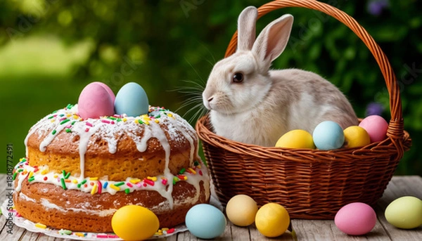 Obraz Easter Bunny in Basket with Rainbow Eggs Pastel Art