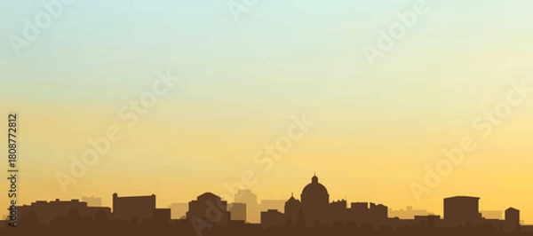 Obraz Panoramic poster of the city skyline with misty background buildings, hills sunrise, sunset and clouds of PRAGUE, CZECH REPUBLIC