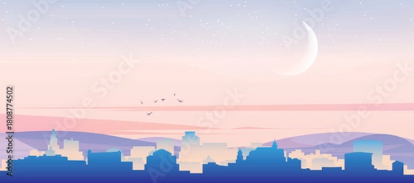 Fototapeta Panoramic poster of the city skyline with misty background buildings, hills sunrise, sunset and clouds of SALZBURG, AUSTRIA