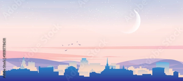 Fototapeta Panoramic poster of the city skyline with misty background buildings, hills sunrise, sunset and clouds of BRNO, CZECH REPUBLIC