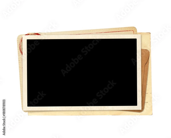 Fototapeta Retro photo, vintage envelope and cards. Old card, blank photo. Isolated on white. Nostalgic scrapbooking mockup template is perfect way to express creativity and evoke a sense of warm memories