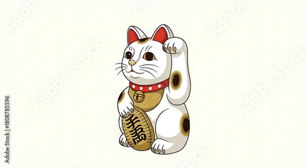 Obraz Maneki Neko Lucky Cat with Raised Paw on White Background