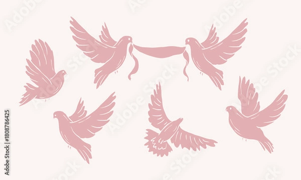 Fototapeta Doodle flat vector doves collection. Silhouette illustration