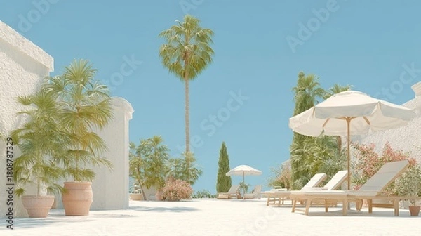 Fototapeta Luxurious Mediterranean Villa Poolscape: Relaxing Outdoor Lounge with Palm Trees and Coastal Views