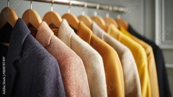 Fototapeta Row of Stylish Menswear on Racks - Formal Clothing Display in Boutique or Department Store Setting.