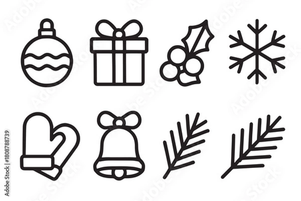Obraz Minimalist line-art Christmas icon set featuring ornaments, gifts, holly, snowflakes, mittens, bells, and pine branches. Perfect for festive decorations, greeting cards, and holiday design projects.
