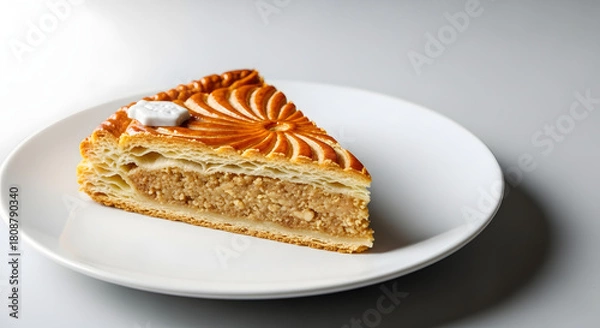 Fototapeta Slice of Epiphany cake on white plate with decorative frosting  