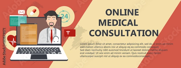 Fototapeta On line medical consultation. Emergency help service. Doctor on call. Flat vector illustration