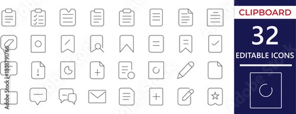 Obraz Minimal clipboard editable simple line icon set featuring notes, tasks, checklists, documents, reminders, and productivity elements for professional use.