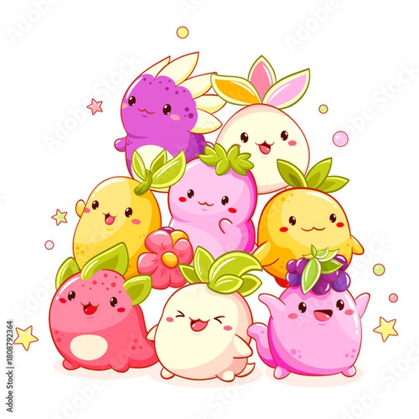 Fototapeta Stack of kawaii characters. Cute little monsters fooling around. Pile of Funny happy baby monsters. Can be used for t-shirt print, sticker, greeting card, menu design. Vector illustration EPS8