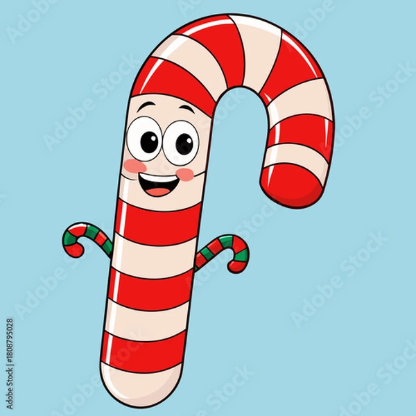 Fototapeta Happy cartoon candy cane character with arms and legs