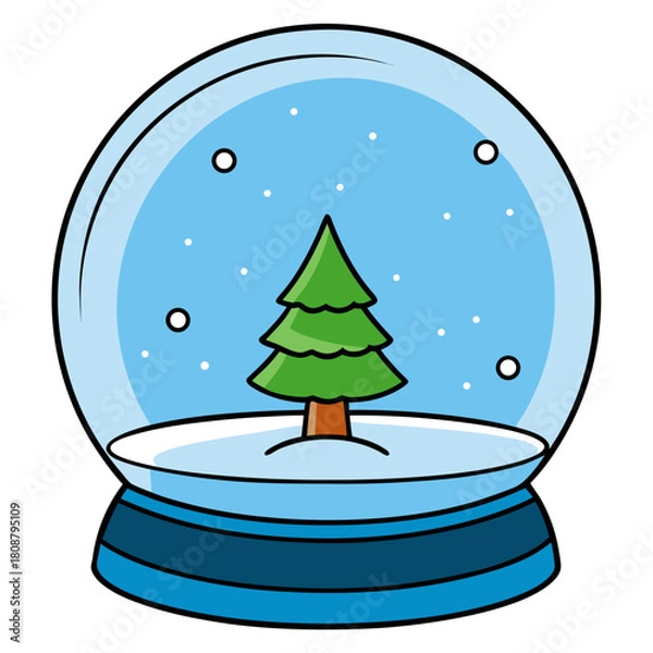 Fototapeta Cartoon snow globe with a single pine tree and falling snowflakes