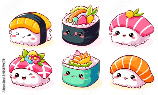 Fototapeta Set of cute sushi and rolls in kawaii style. Japanese traditional cuisine dishes. Can be used for t-shirt print, sticker, greeting card, menu design. Vector EPS8