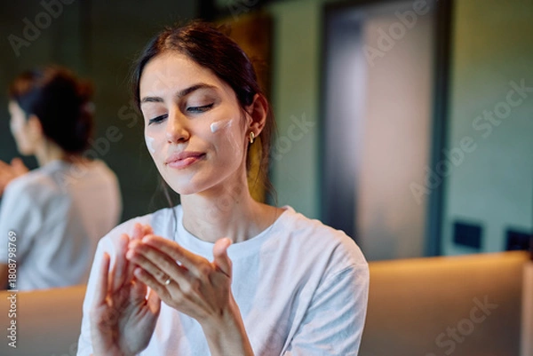 Fototapeta Young woman applying moisturizer to her face, eyes closed, enjoying a self-care beauty routine. Hydrating skin and wellness