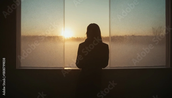Fototapeta Silhouette of a Woman by a Frozen Window. The First Dawn of the New Year: Hope and Serenity