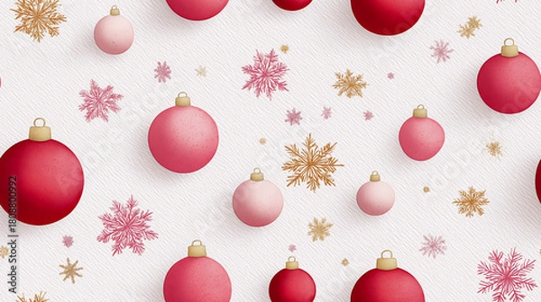 Fototapeta Festive pattern with red and pink christmas ornaments scattered among golden and pink snowflakes on a textured white background