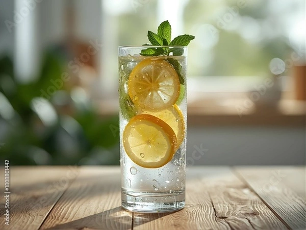 Obraz Refreshing glass of lemon and mint infused water with condensation droplets on a rustic wooden table. Healthy detox drink concept in natural morning light.