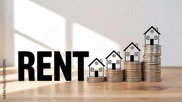 Fototapeta Increasing cost of renting a home represented by stacked coins with miniature houses and the word rent