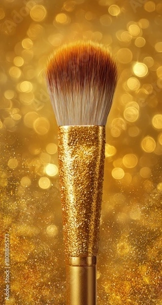 Obraz Golden makeup brush with soft bristles over a bokeh backdrop
