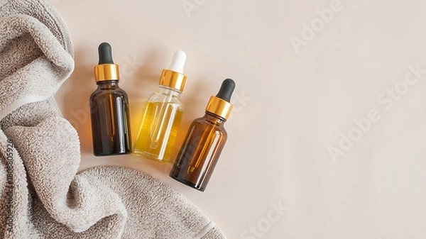 Fototapeta Overhead view of three amber glass dropper bottles filled with golden essential oils and a textured fabric on a neutral background