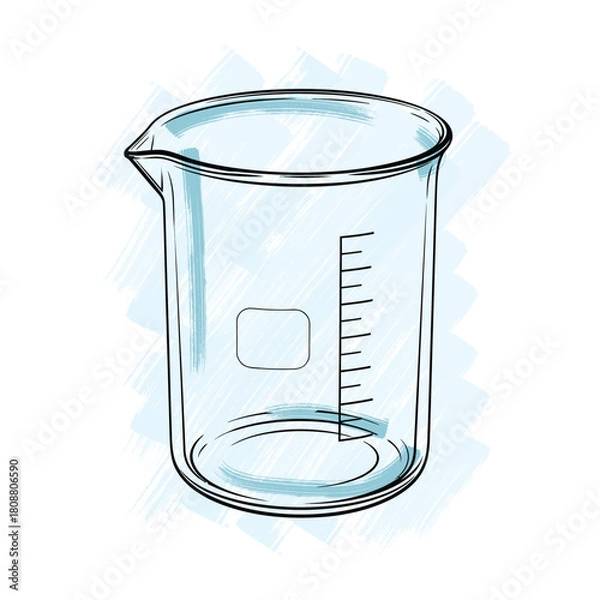 Obraz Hand drawn laboratory glass beaker illustration. Sketch style chemistry equipment with blue watercolor brush texture isolated on white background.