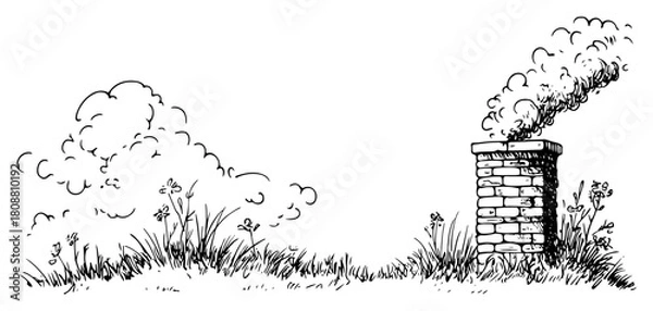Fototapeta Brick chimney stack emitting smoke in grassy field landscape with clouds vector sketch
