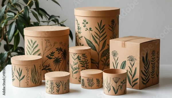 Obraz Ecological Cardboard Jars with Botanical Illustration Design
