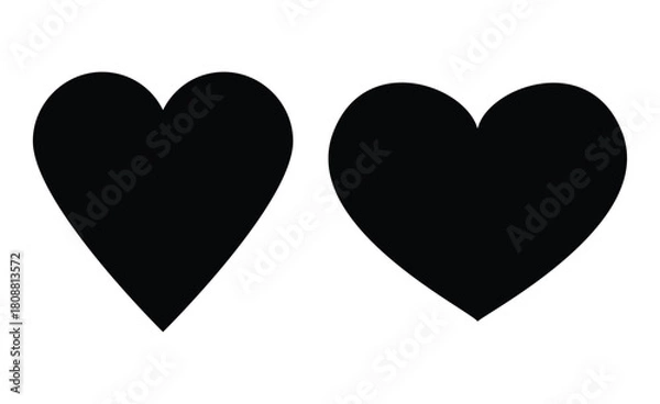 Fototapeta Two different style black heart shapes on a white background side by side representing love and affection in simple design