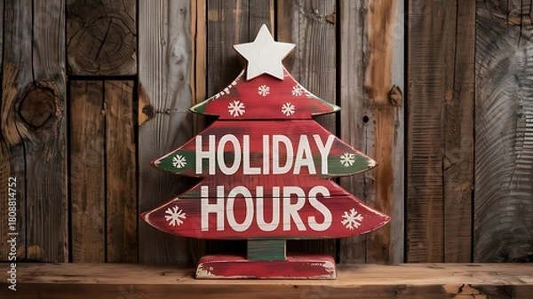Fototapeta Rustic wooden christmas tree decoration with holiday hours message displayed on weathered planks background