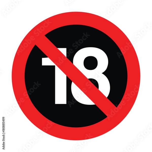 Fototapeta Under 18 years sign mark vector icon. A restriction sign showing eighteen with a red circle and diagonal line on a white background image