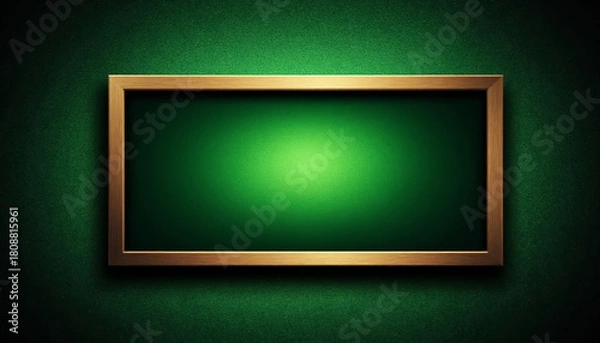 Obraz Empty wooden frame on shiny green background, minimalist design concept.