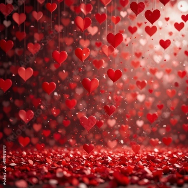 Fototapeta Red hearts hang in a romantic setting, creating a festive atmosphere. The background is softly illuminated, enhancing the love theme.