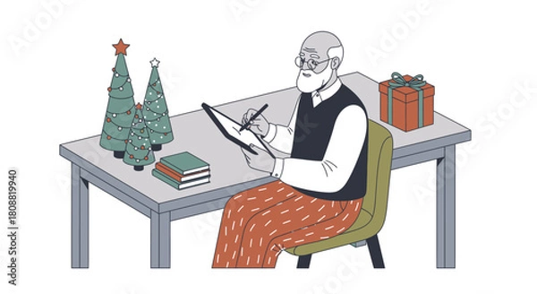 Obraz Senior Man Engaged in Christmas Planning at His Desk.