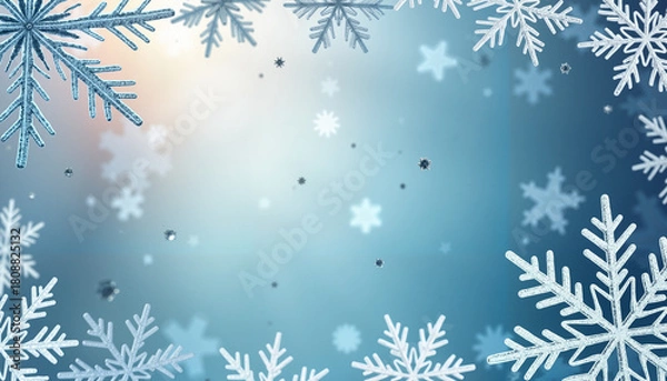 Fototapeta Blue winter background with glowing snowflake border, festive seasonal frame