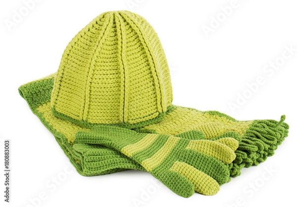 Fototapeta knitted hat, scarf and gloves set