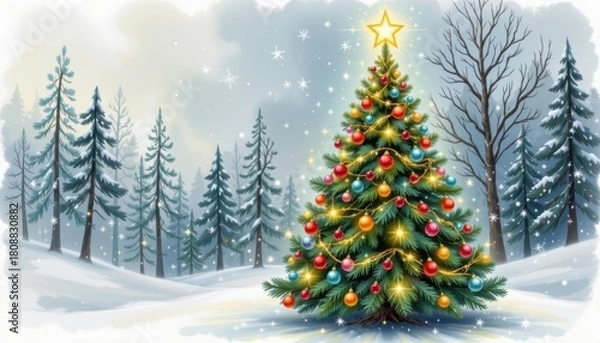 Obraz Decorative Christmas Tree Illuminated with Colorful Ornaments and Star in Snowy Forest Landscape