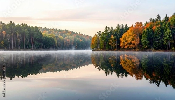 Fototapeta A serene lake at sunrise, shrouded in mist, perfectly reflects the vibrant autumn foliage of the surrounding forest.