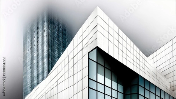 Fototapeta A modern architectural composition featuring a glass skyscraper partially hidden by fog, juxtaposed with a white tiled building showcasing sharp geometric angle