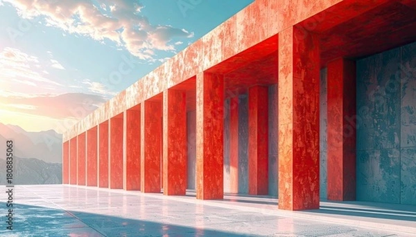 Fototapeta A striking modern building features a long colonnade with vibrant red, textured pillars and a contrasting concrete wall, set against a backdrop of mountains and