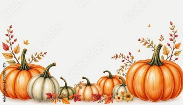 Fototapeta Festive Autumn Pumpkins Surrounded by Colorful Leaves in a Decorative Fall Arrangement