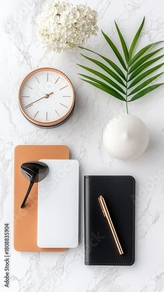 Fototapeta A minimalist desk setup featuring a rose gold clock, notebooks, pen, and a green leaf on a marble surface.