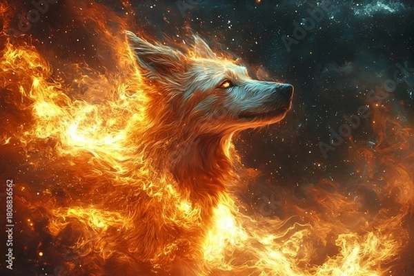 Obraz Cosmic dog illuminated in burning fiery sparks high resolution picture