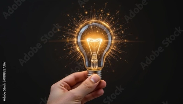 Fototapeta Hand Holding Glowing Light Bulb Surrounded by Sparks Symbolizing Creativity and Innovation