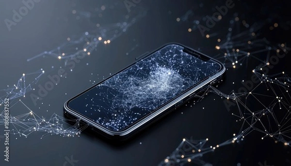 Fototapeta A modern smartphone is depicted on a dark, reflective surface, surrounded by a glowing, abstract network of lines and dots.
