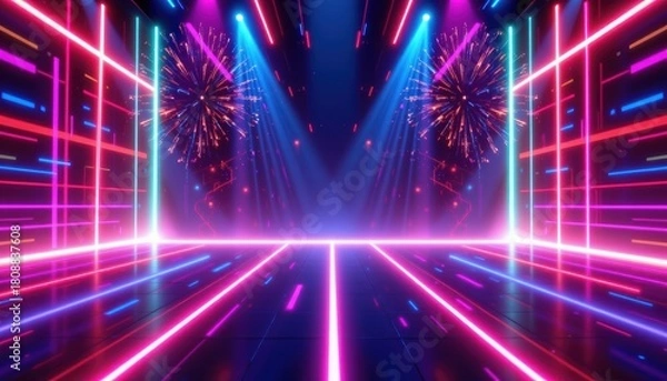 Fototapeta Vibrant Neon Lights with Colorful Patterns on a Dance Stage in a Festive Celebration Atmosphere