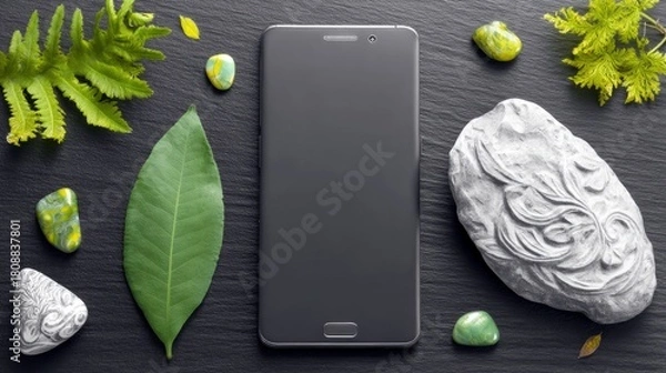 Fototapeta A dark slate surface is arranged with a modern smartphone, a large green leaf, ferns, and various decorative stones.