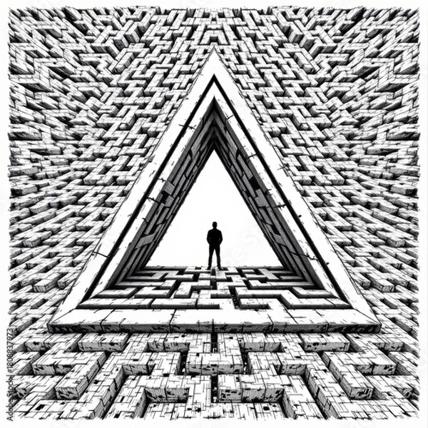 Fototapeta Person Standing Alone in a Complex Maze Surrounded by Triangle Shapes in Monochrome Design