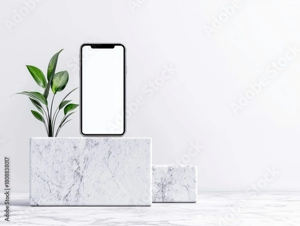 Fototapeta A modern smartphone with a blank white screen is placed on a large marble block, with a green plant beside it, against a plain white background.