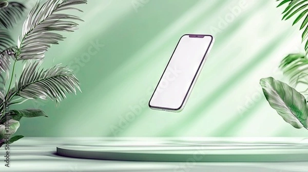 Fototapeta A modern smartphone with a blank white screen floats in the air, surrounded by lush green palm leaves and illuminated by dappled sunlight against a soft green b